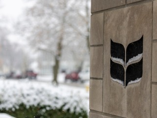 grinnell logo on stone with snow in the background