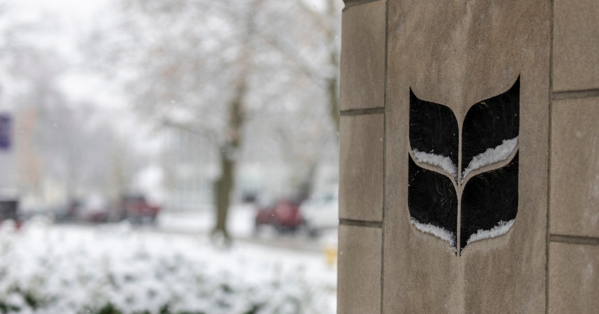 grinnell logo on stone with snow in the background