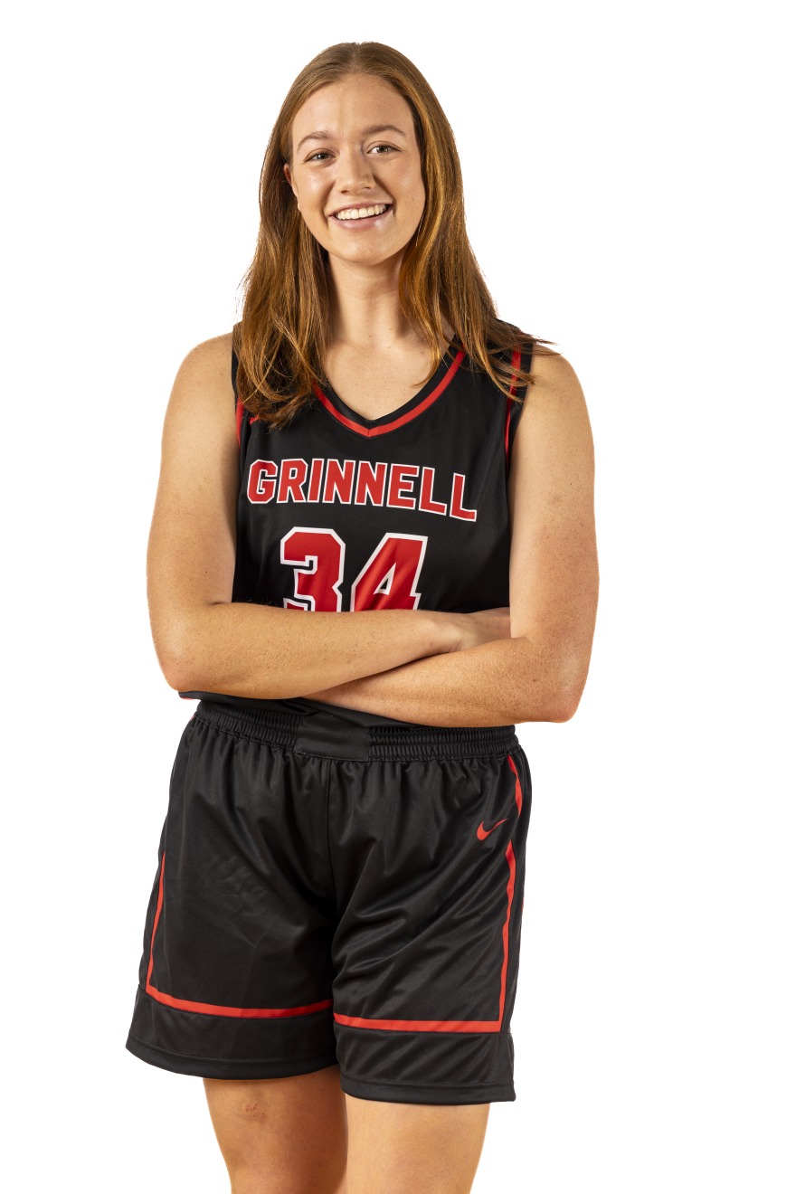 Sara Booher in a scarlet and black basketball uniform